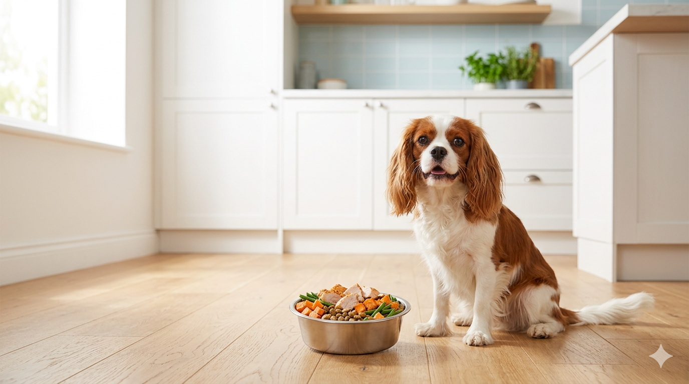 A healthy dog beside a bowl of fresh, balanced food